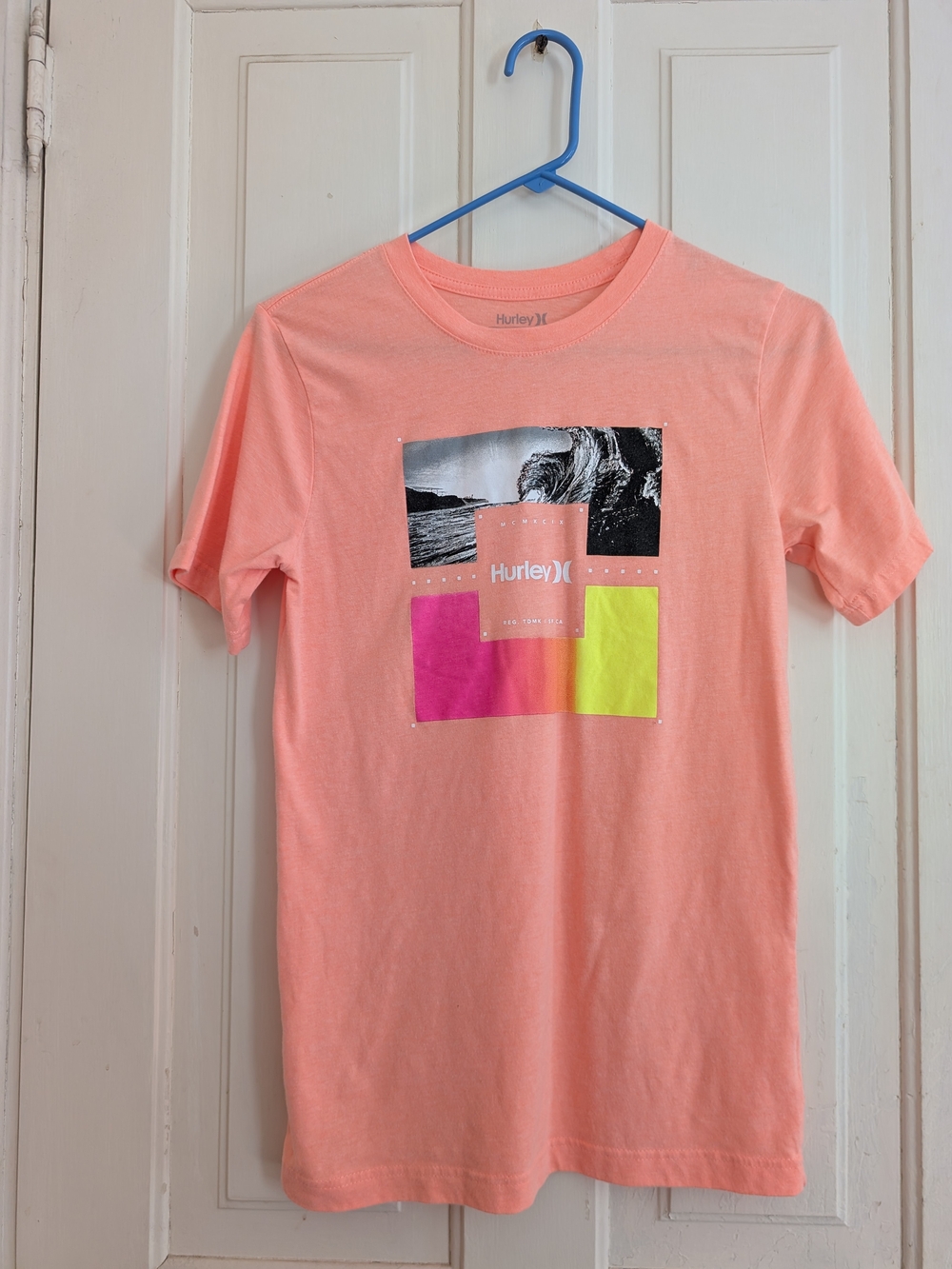 Hurley Kids XL Coral Tee with Neon Pink & Neon Yellow Block Design
